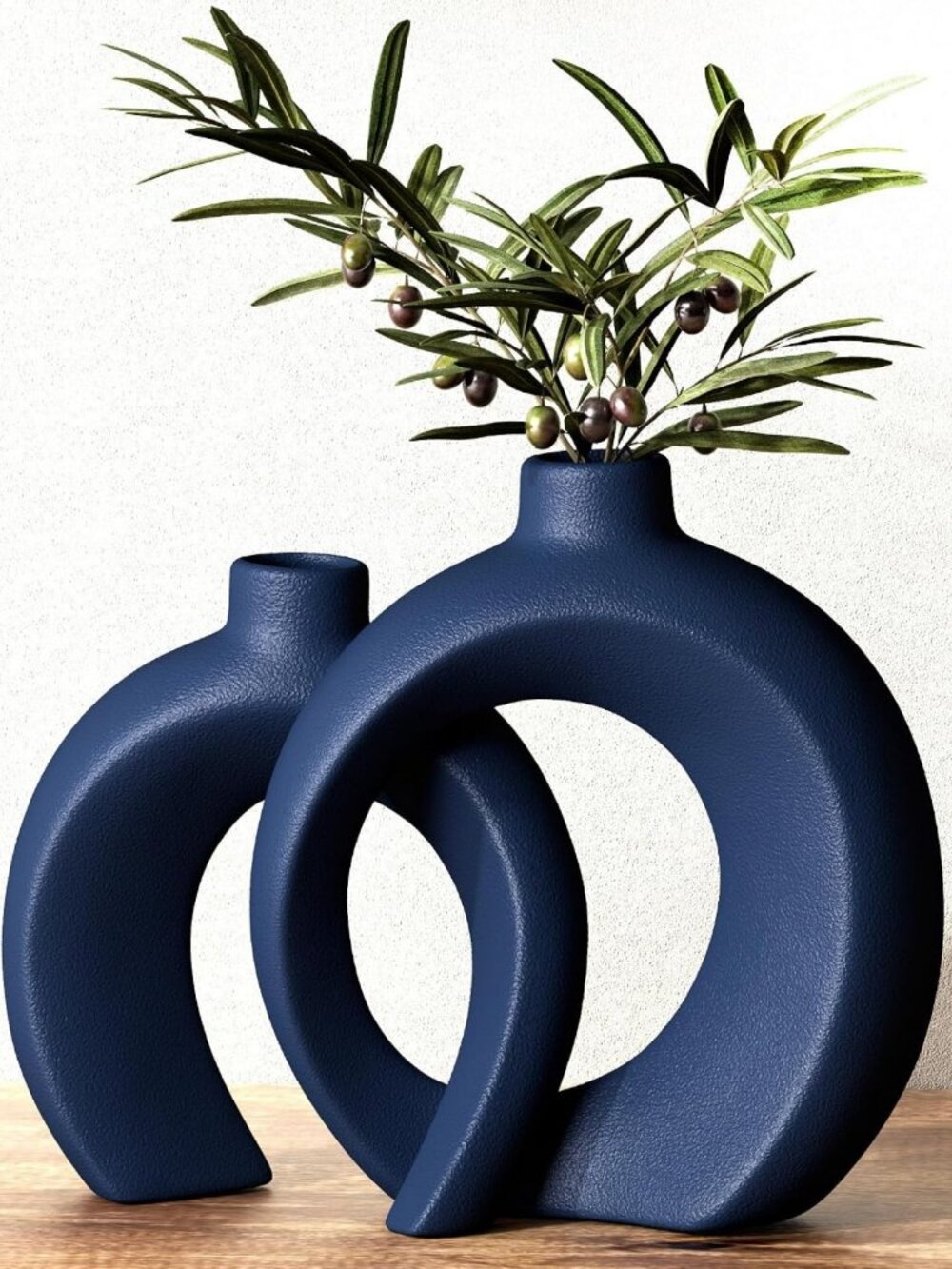 Set of 2 Navy Blue Donut Vases - Modern Coastal Home Decor, Ceramic Accent